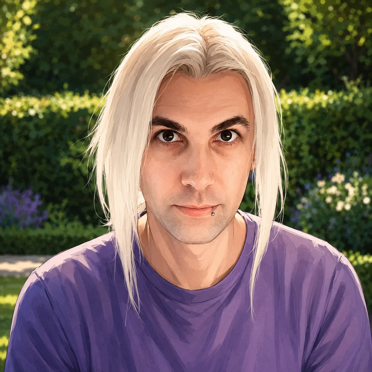 Morgan — fair hair, dark eyes, a labret piercing, purple tee
